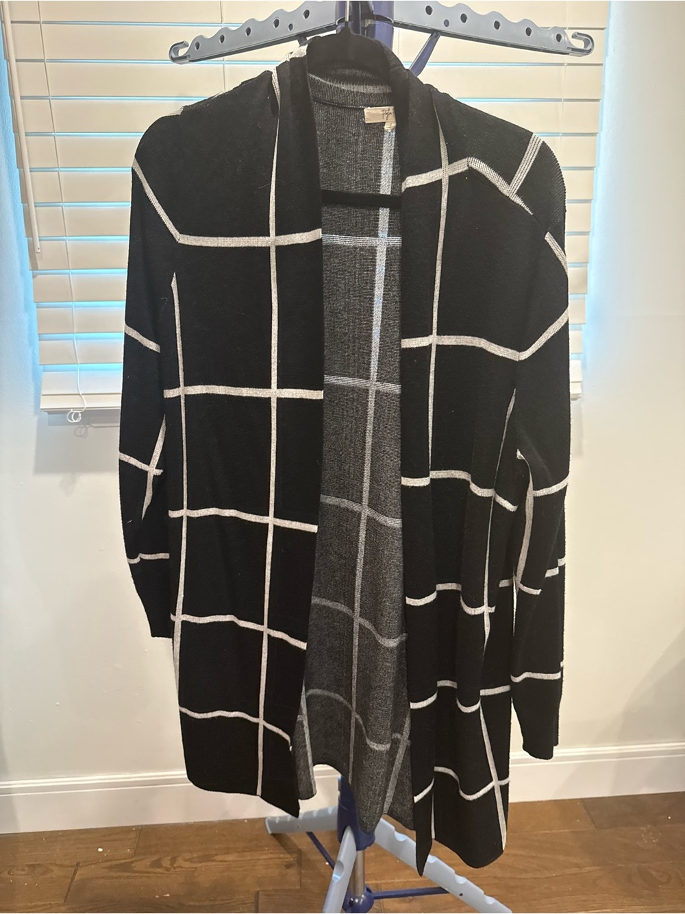 Open-Front Windowpane Cardigan Sweater - Black/Gray